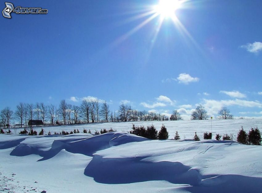 śnieżny krajobraz, słońce