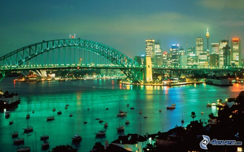 Sydney Harbour Bridge, miasto nocą, Sydney, wieżowce