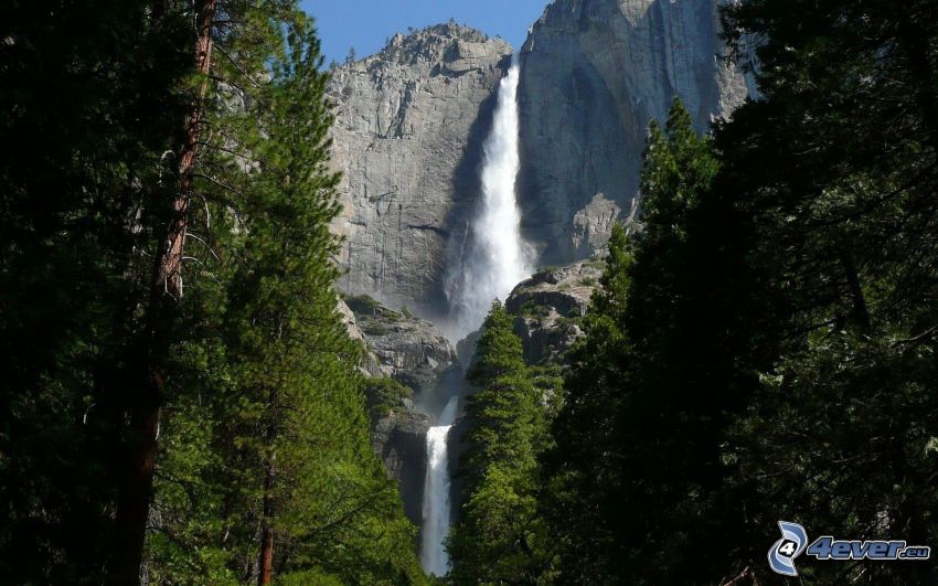 Wodospad w Parku Narodowym Yosemite, skały, las