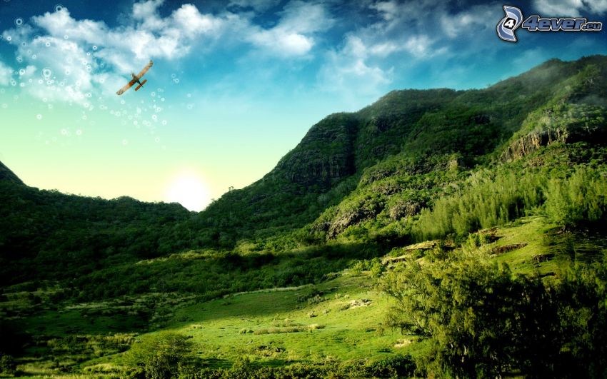 wzgórza, zieleń, samolot