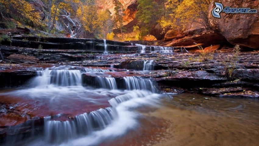 Zion National Park, wodospady, kaskady, skały, rzeka