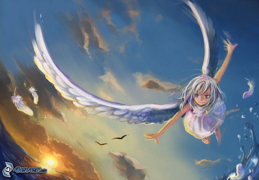 animacyjna dziewczyna, anioł, lot
