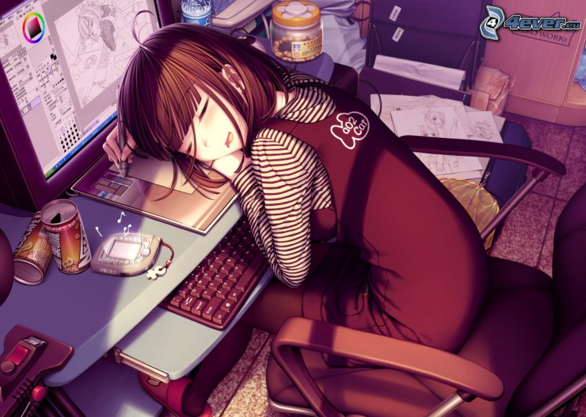 animacyjna dziewczyna, biuro, spanie