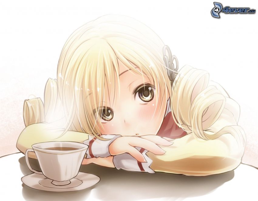 animacyjna dziewczyna, blondynka, filiżanka kawy