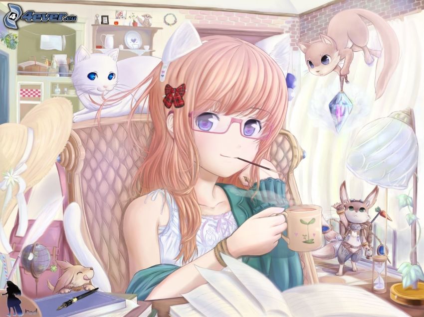 animacyjna dziewczyna, filiżanka herbaty