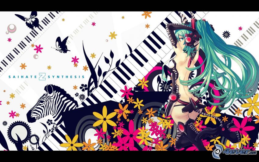 animacyjna dziewczyna, klawiatura, cyfrowe kwiaty, zebra