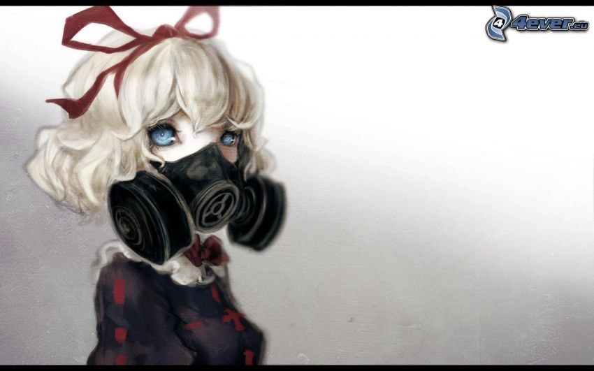 animacyjna dziewczyna, maska gazowa