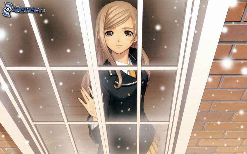animacyjna dziewczyna, okno, płatki śniegu