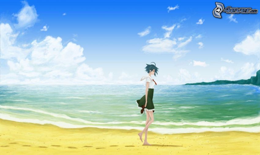 animacyjna dziewczyna, plaża piaszczysta, morze