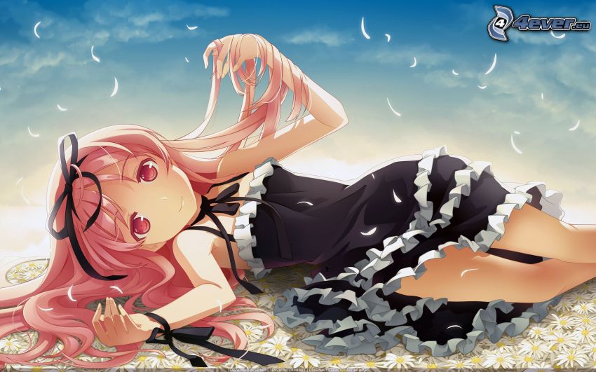 animacyjna dziewczyna, różowe włosy, czarna minisukienka