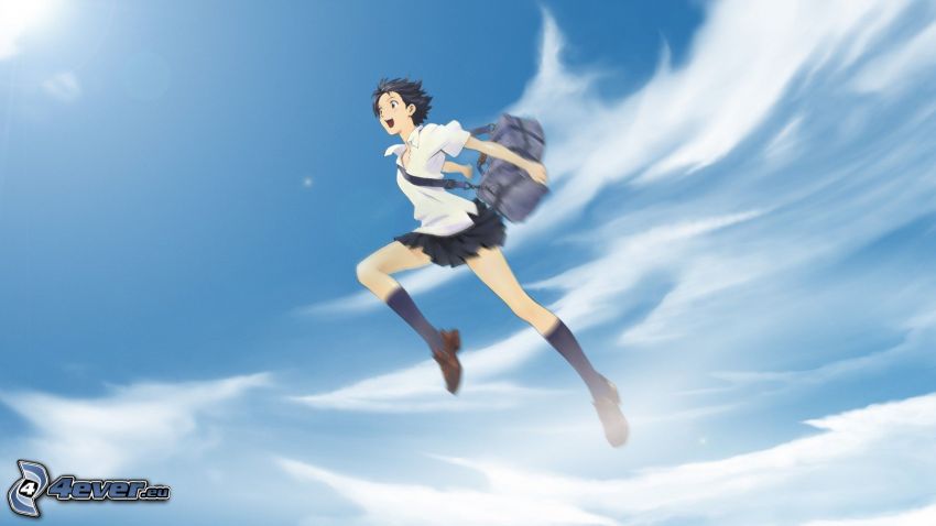 animacyjna dziewczyna, skok, chmury