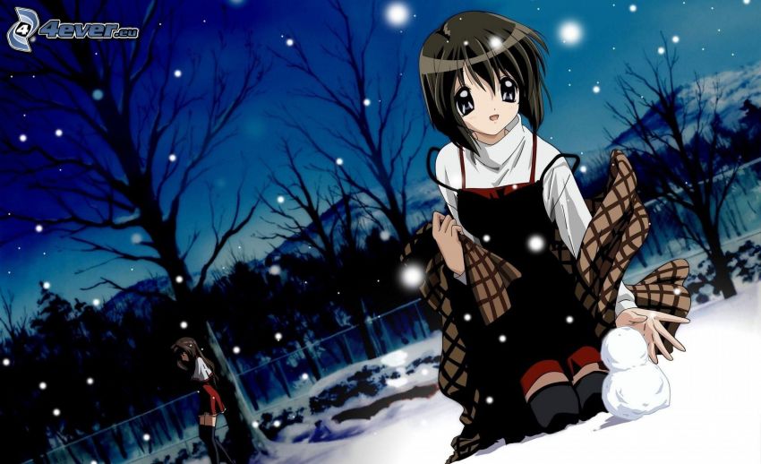 animacyjna dziewczyna, śnieg, bałwan