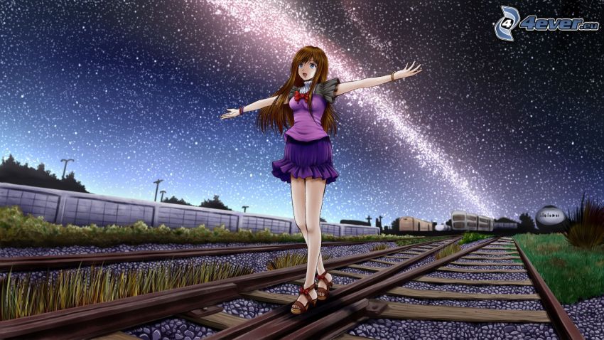 animacyjna dziewczyna, tory kolejowe, noc, gwiaździste niebo