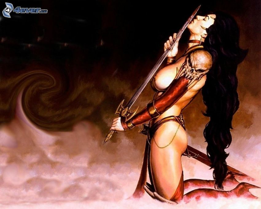 animowany wojownik, piersi, kobieta z mieczem