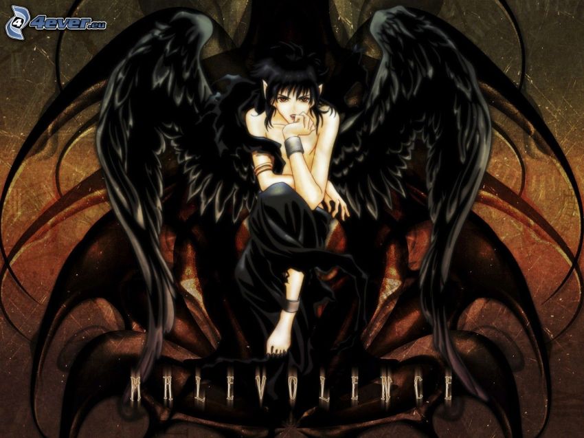 mroczny anioł, animacyjna dziewczyna, czarne skrzydła