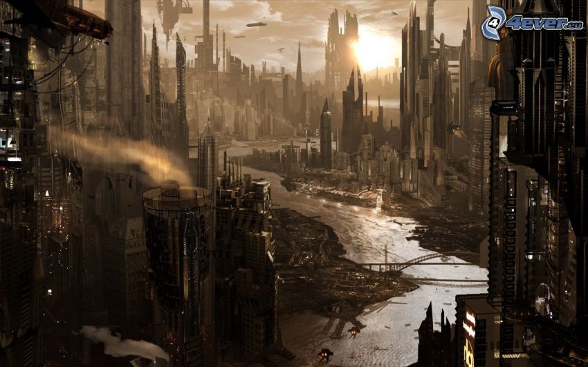 sci-fi miasta, wieżowce, rzeka