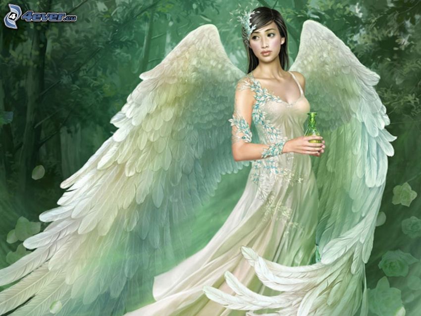 anioł, biała sukienka, skrzydła