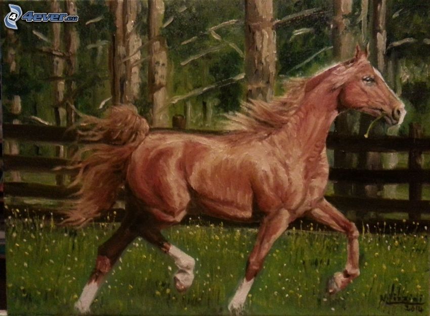 brązowy koń, obraz, koń rysowany
