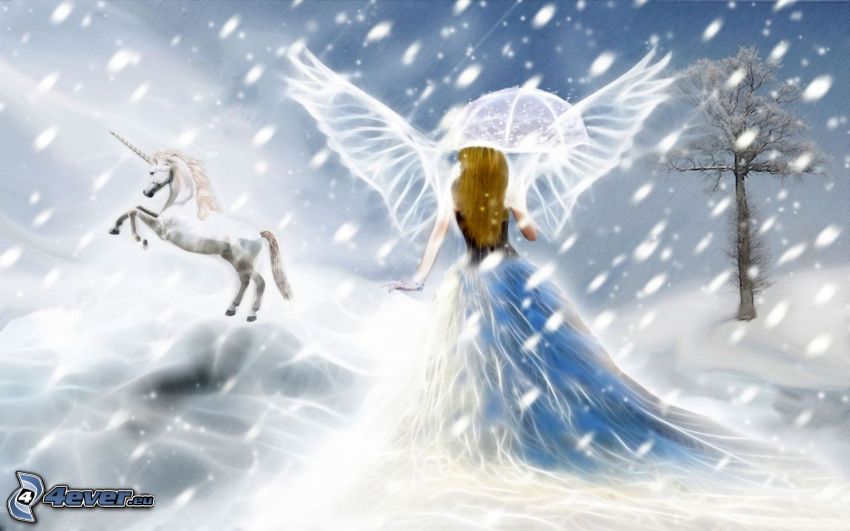 anioł, jednorożec, śnieg