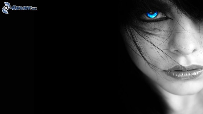 brunetka, spojrzenie, niebieskie oko