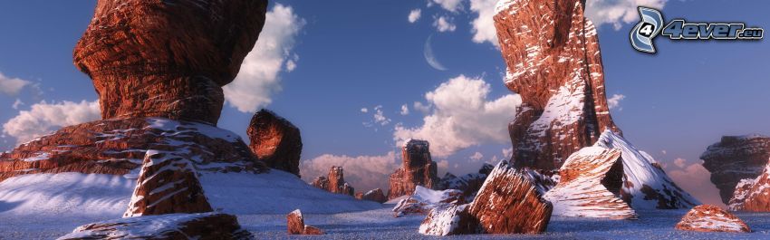 cyfrowy krajobraz, śnieg, księżyc