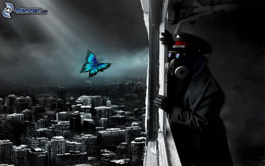 człowiek w masce gazowej, policjant, niebieski motyl, widok na miasto, postapokaliptyczne miasto