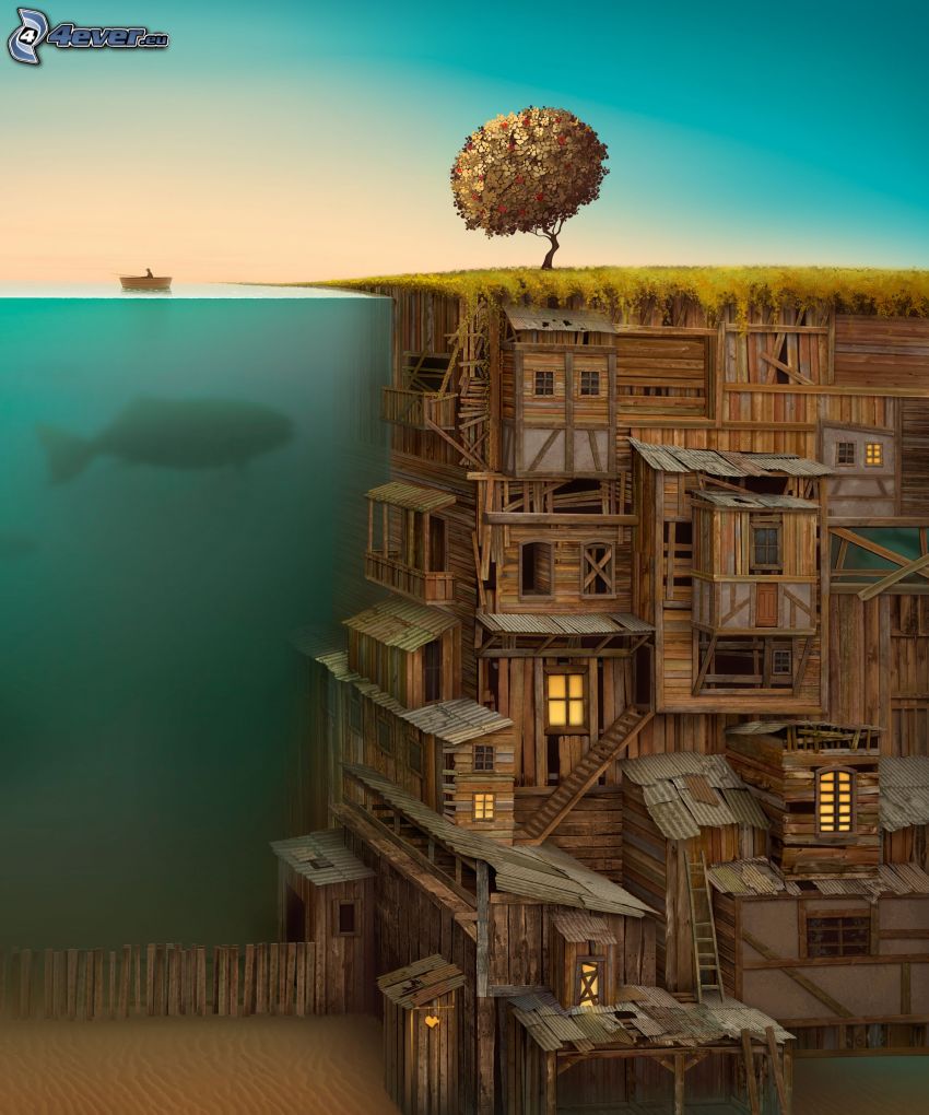 drewniane miasto, morze, rybak, samotne drzewo
