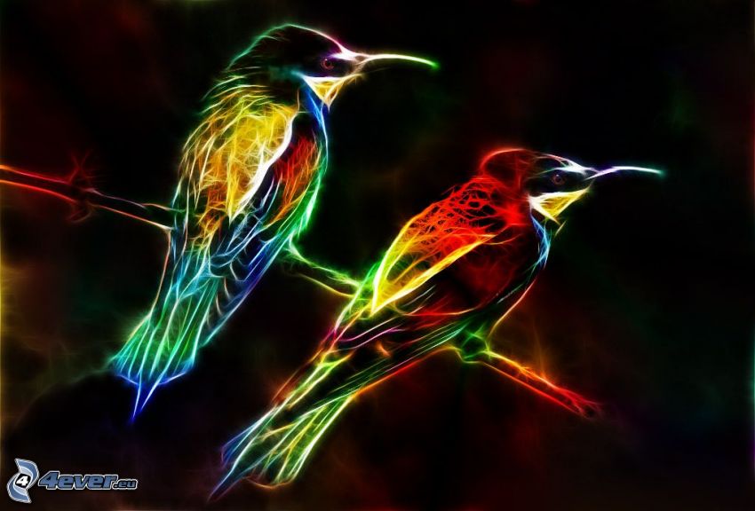 kolorowe ptaki na gałęzi, fraktalny ptak