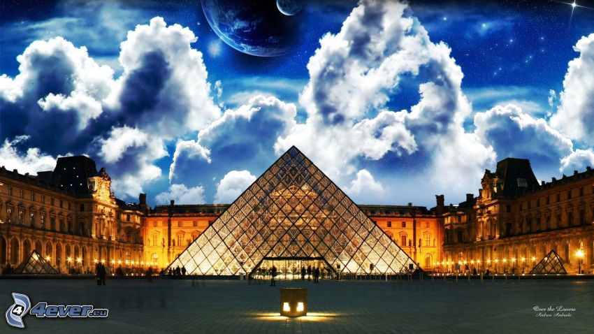 Louvre, piramida, Paryż, niebo, planety, chmury