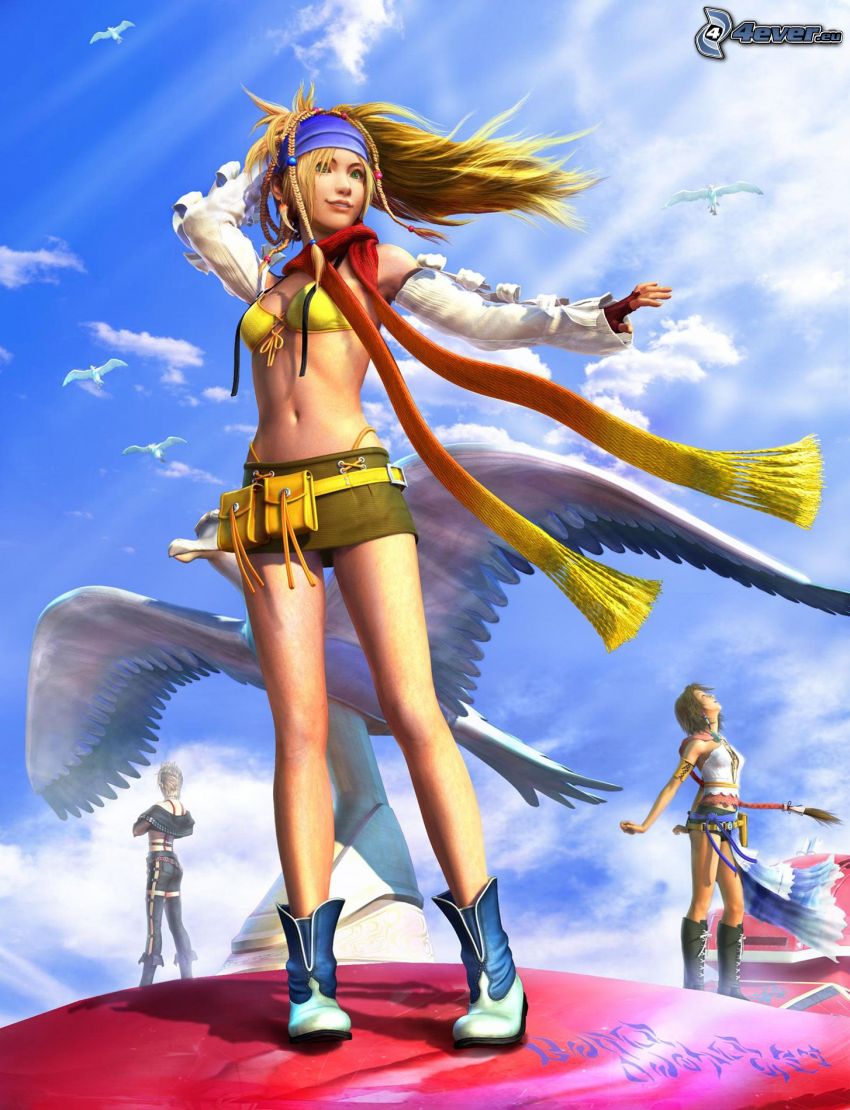 Rikku, Final Fantasy, rysowana dziewczynka, mini-spódniczka, blondynka, długi szal