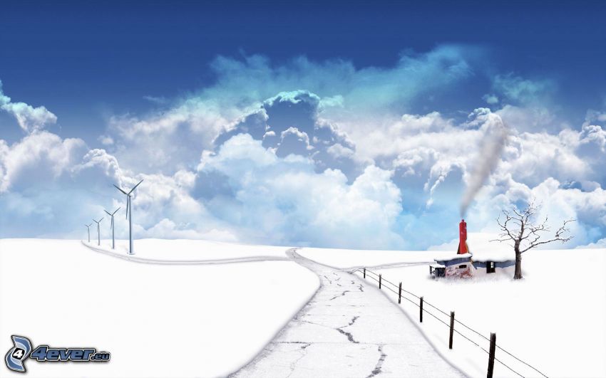 śnieżny krajobraz, chmury, ulica, elektrownia wiatrowa