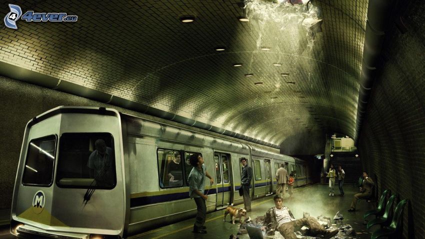 stacja metra, ludzie, woda