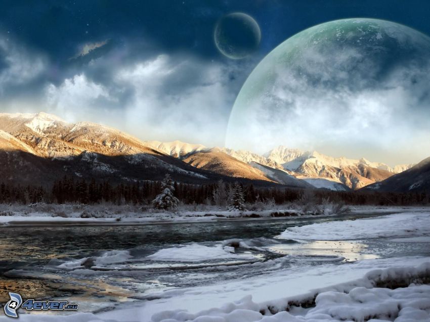 zimowy krajobraz, księżyc, planety