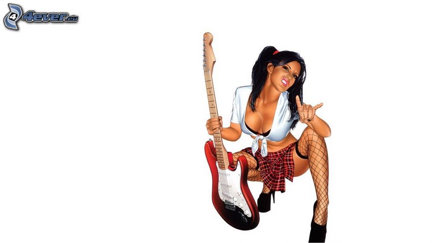 Dziewczyna z gitarą, seksowna brunetka, podwiązki, mini-spódniczka