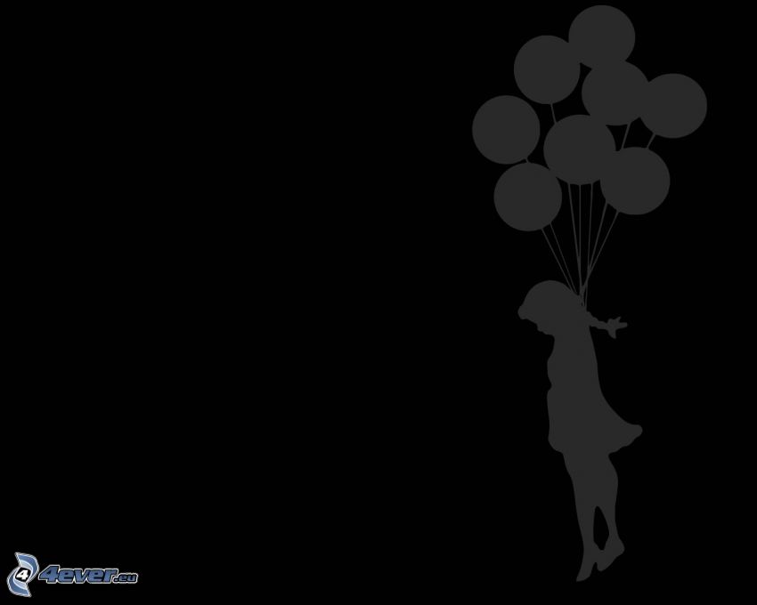 dziewczynka, balony, wisielec, sylwetki, czarne tło