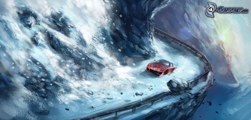 Ferrari, śnieg, lawina, rysowany samochód