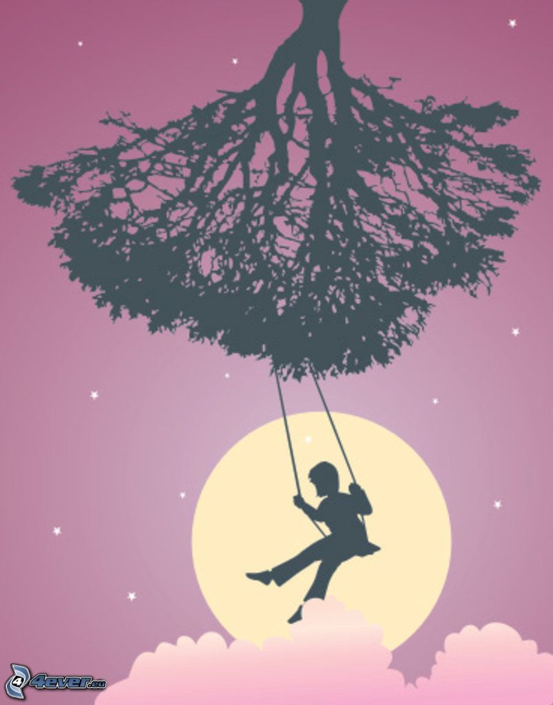 huśtawka, chłopczyk, sylwetka drzewa, sen, księżyc