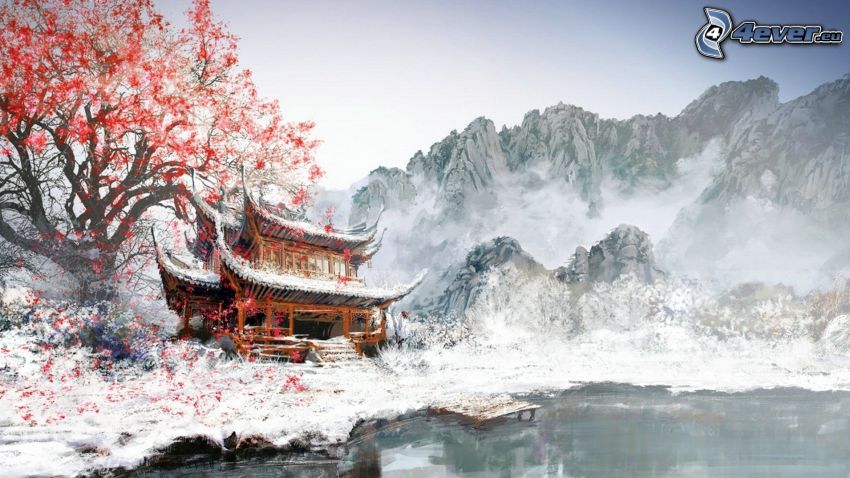 Japoński dom, zaśnieżone góry, drzewo, malowidło, obraz