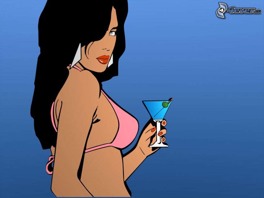 kobieta narysowana, kobieta w bikini, brunetka, drink