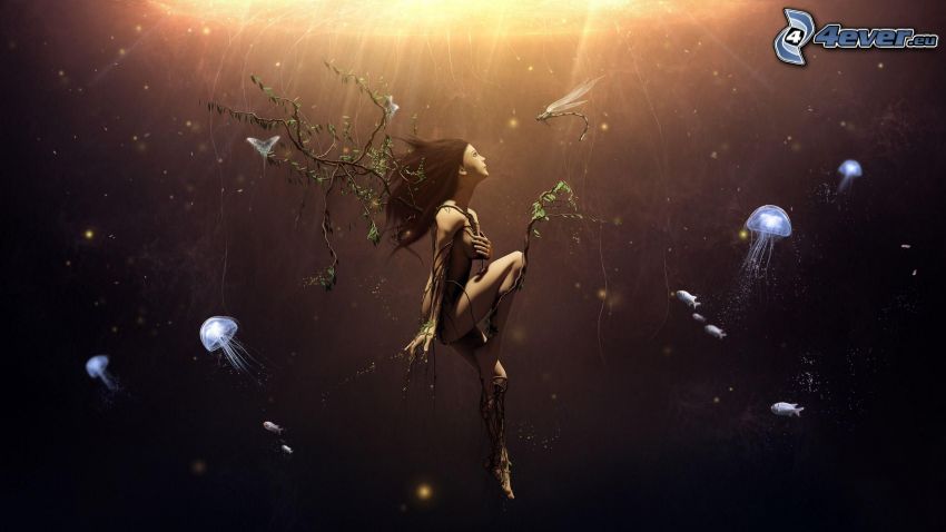 kobieta narysowana, meduzy, pływanie pod wodą
