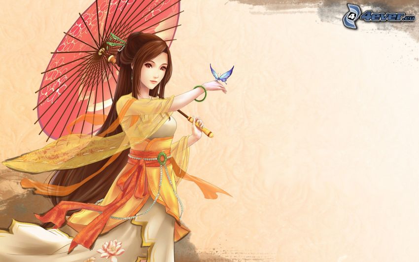 kobieta narysowana, motyl, parasol przeciwsłoneczny