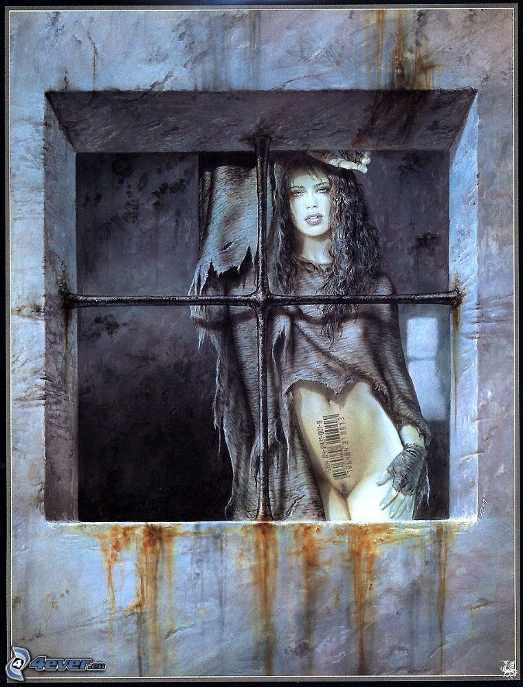 kobieta narysowana, okno, półnaga kobieta, kod kreskowy, Luis Royo