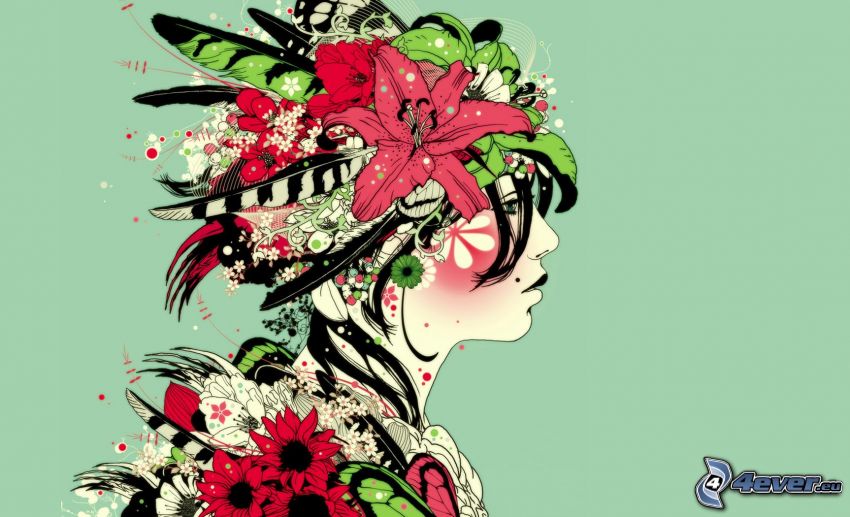 kobieta narysowana, rysunkowe, kwiaty