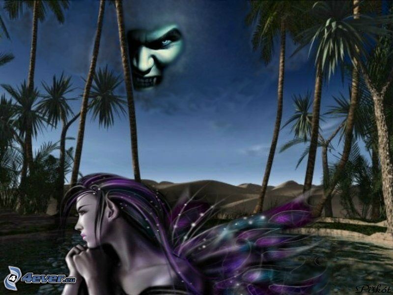 kobieta narysowana, tropikalna wyspa, demon