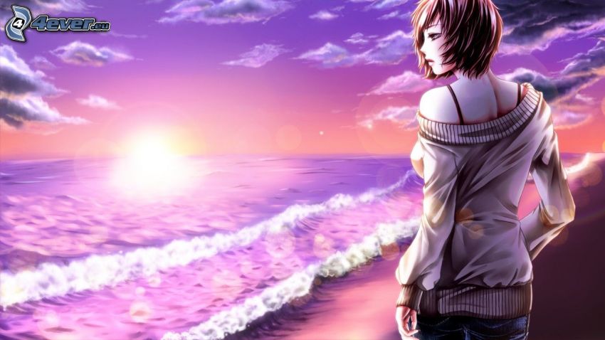 kobieta przy morzu, rysowana dziewczynka, fale na wybrzeżu, fioletowy zachód słońca
