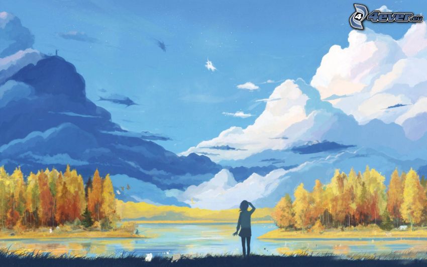 krajobraz, jezioro, kolorowe drzewa, chmury, dziewczyna