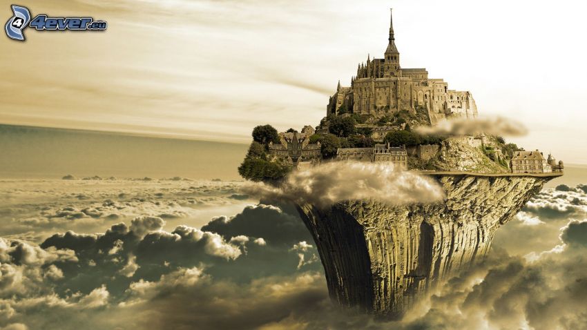 latająca wyspa, chmury, zamek, Mont Saint-Michel