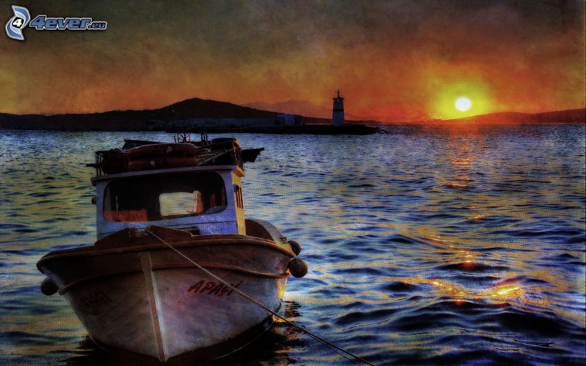łódka, zachód słońca nad jeziorem, latarnia morska
