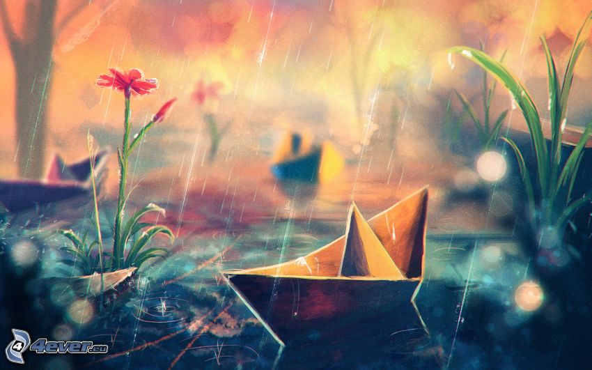 łódki z papieru, deszcz, kwiaty
