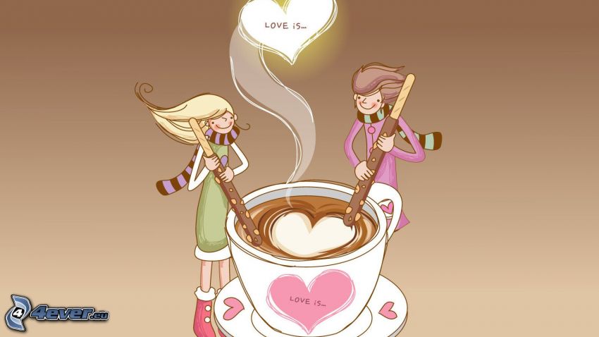 miłość jest ..., kawa, serduszko, postacie z kreskówek